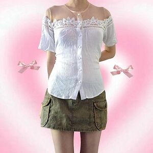 Y2K Gimmicks Horror Game Protagonist Coquette Floral Lace Button Up Mesh Blouse